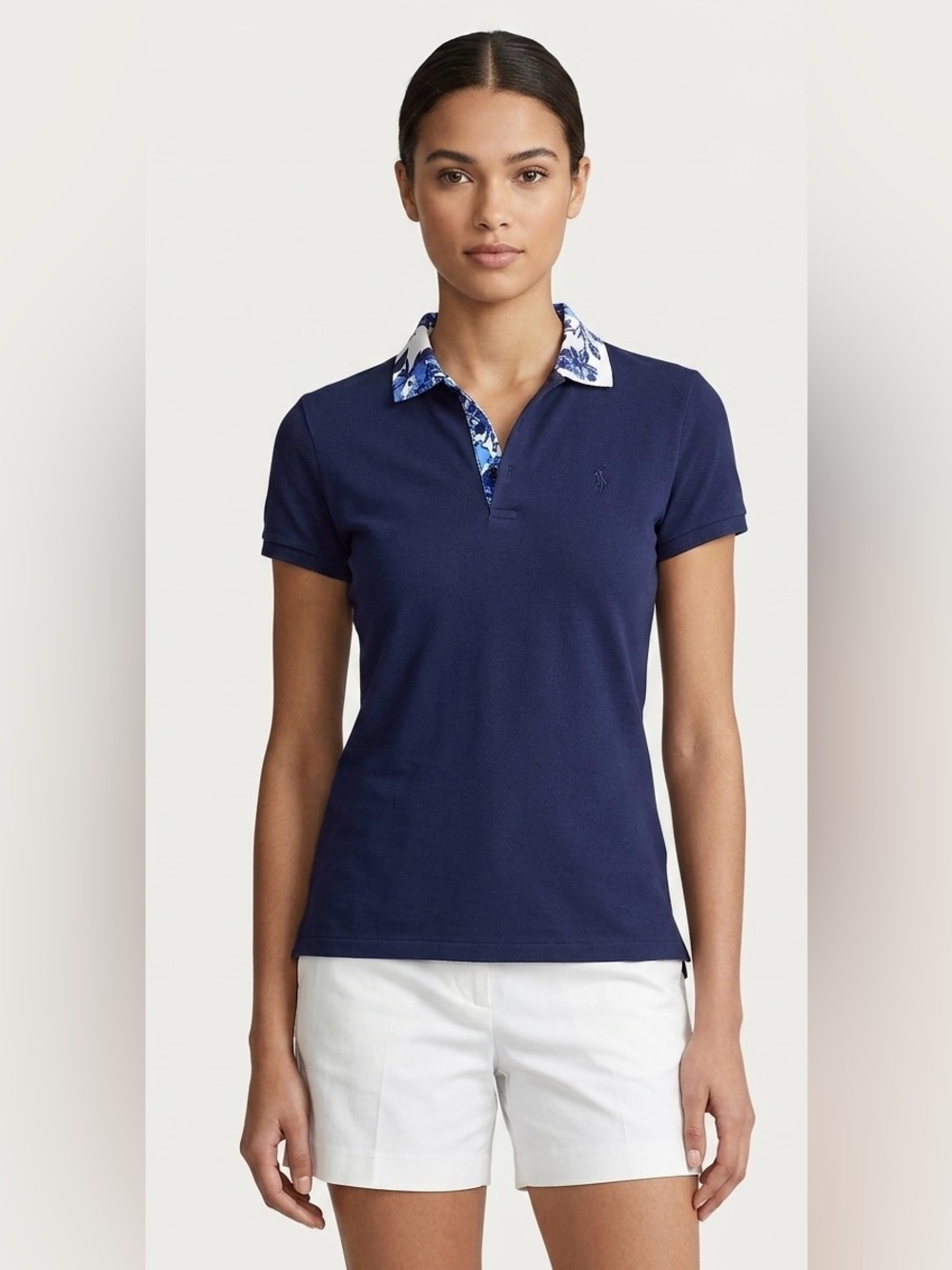 Polo Ralph Lauren Golf Women's Navy Blue Polo Shirt Floral Collar Accent Size S